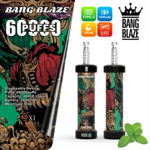 BANG BLAZE 60K Puffs shisha-style disposable vape - tarot card artwork, leather grip, 0.6 ohm mesh coil, 60,000 puffs, 40 ml