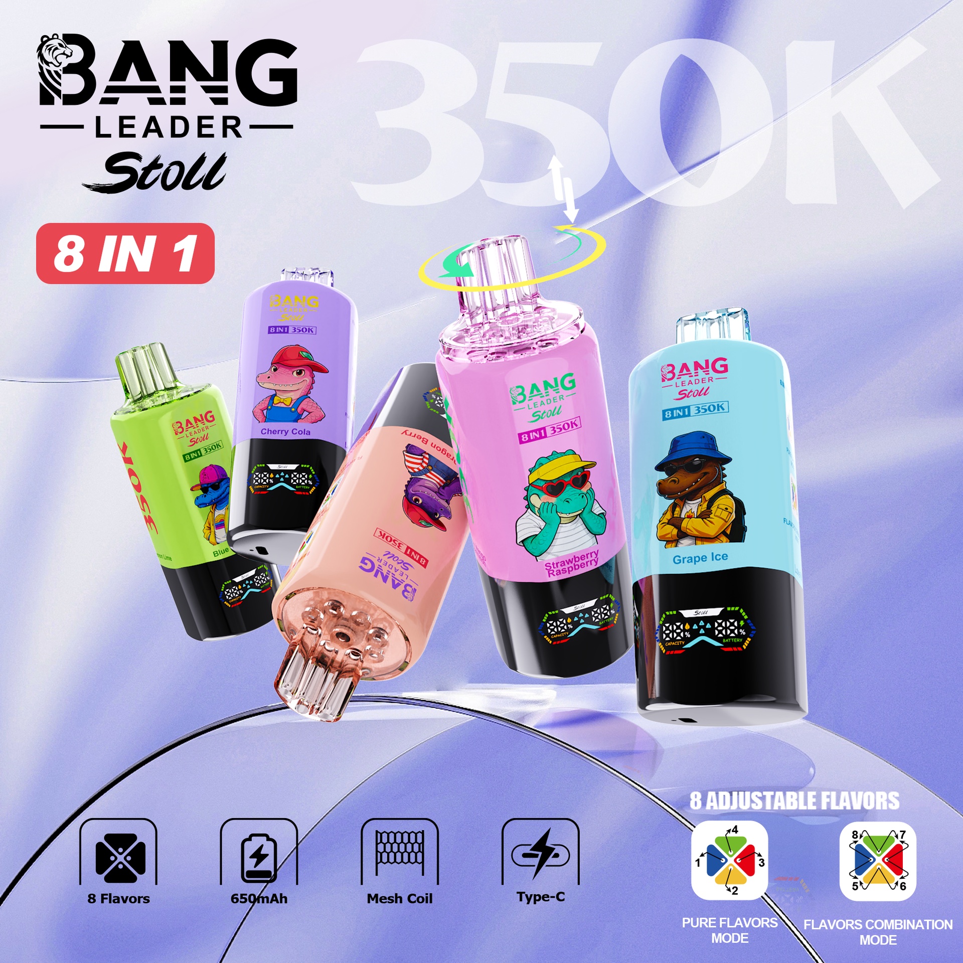 BANG LEADER Stoll 350K Puffs 8-in-1 Disposable Vape, 350,000 Puffs, 92 ml