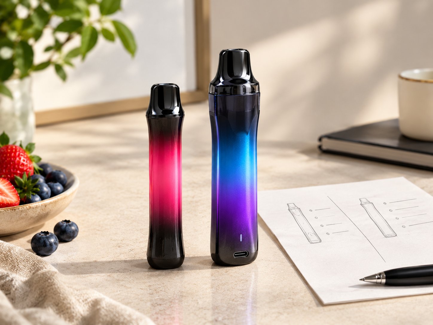 Two disposable vape devices compared side by side with handwritten notes