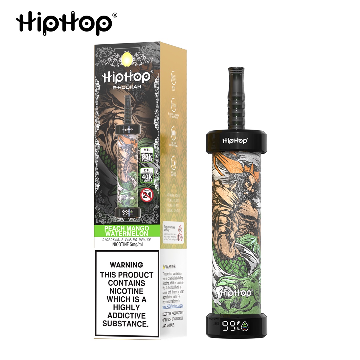 HIPHOP 80K E-Hookah Disposable Vape, MTL 80,000 / DTL 40,000 Puffs